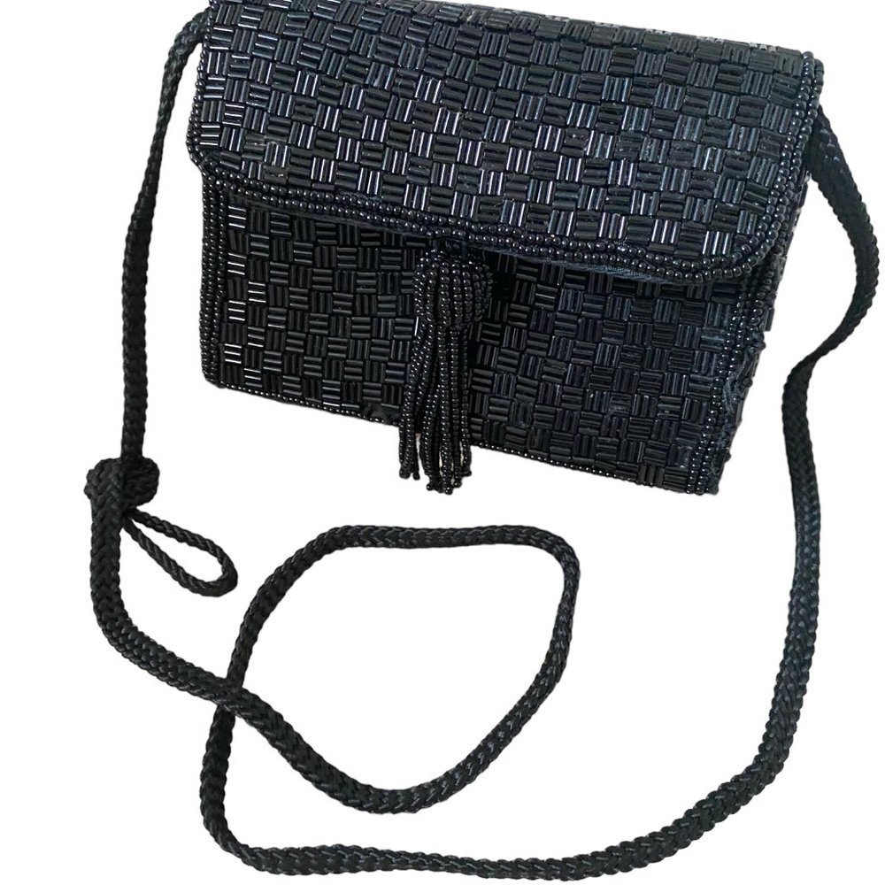 MAGID Black Beaded Cross-Body Handbag Tassel Snap Closure #03
